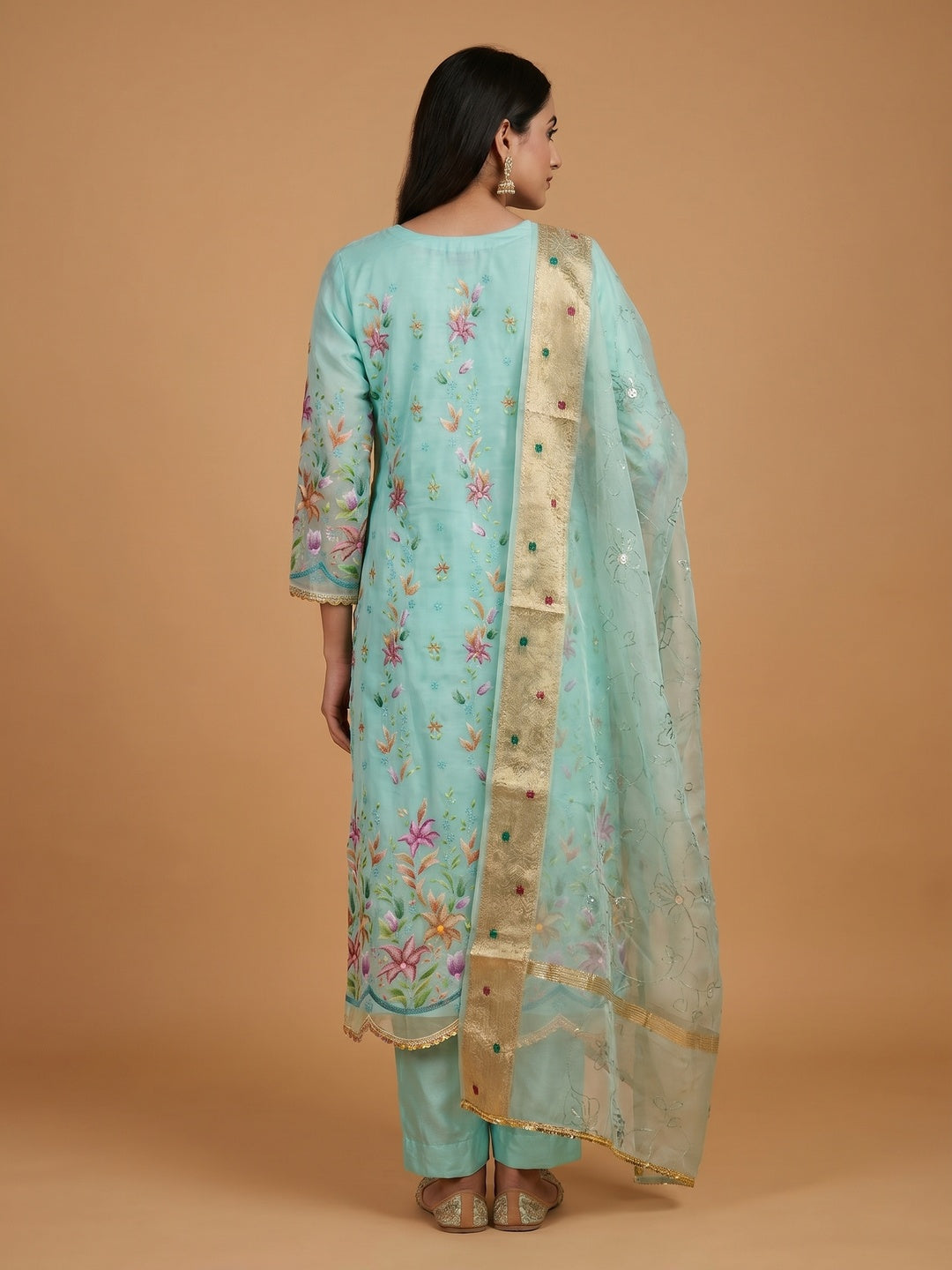 Turquoise Floral Hand Embroidered Organza Dress Material - Image 2