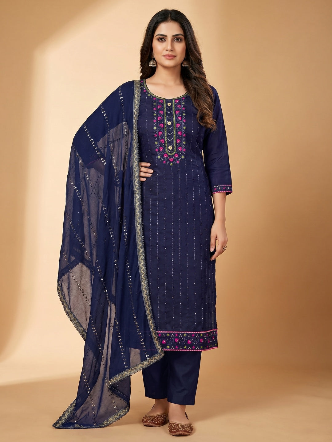 Navy Blue Sequins Embroidered Chanderi Dress Material - Image 1