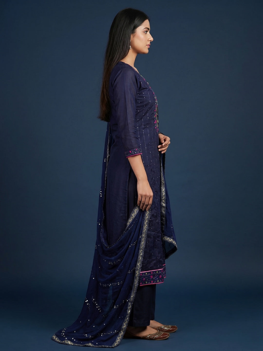 Navy Blue Sequins Embroidered Chanderi Dress Material - Image 2