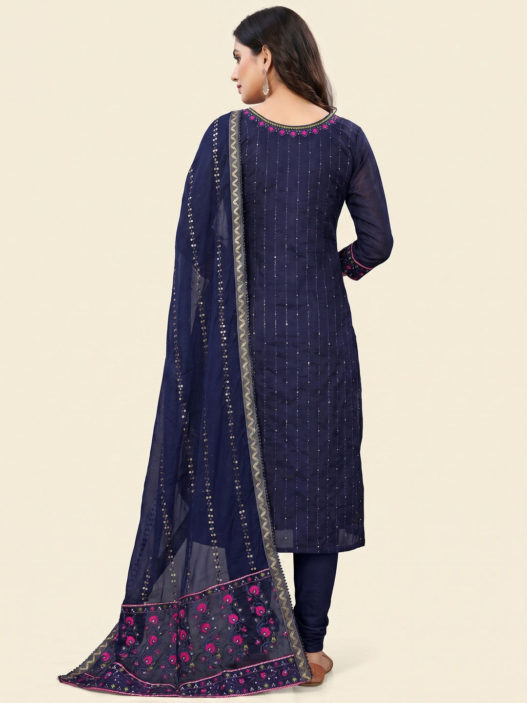 Navy Blue Sequins Embroidered Chanderi Dress Material - Image 3