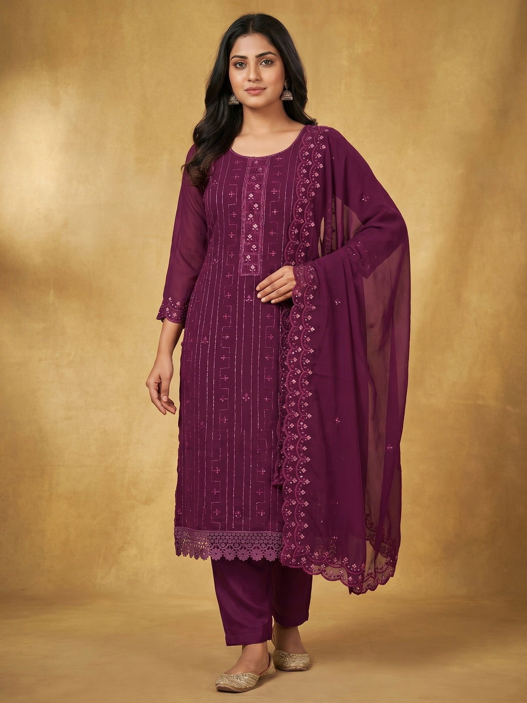 Purple Sequins Embroidered Georgette Dress Material - Image 1