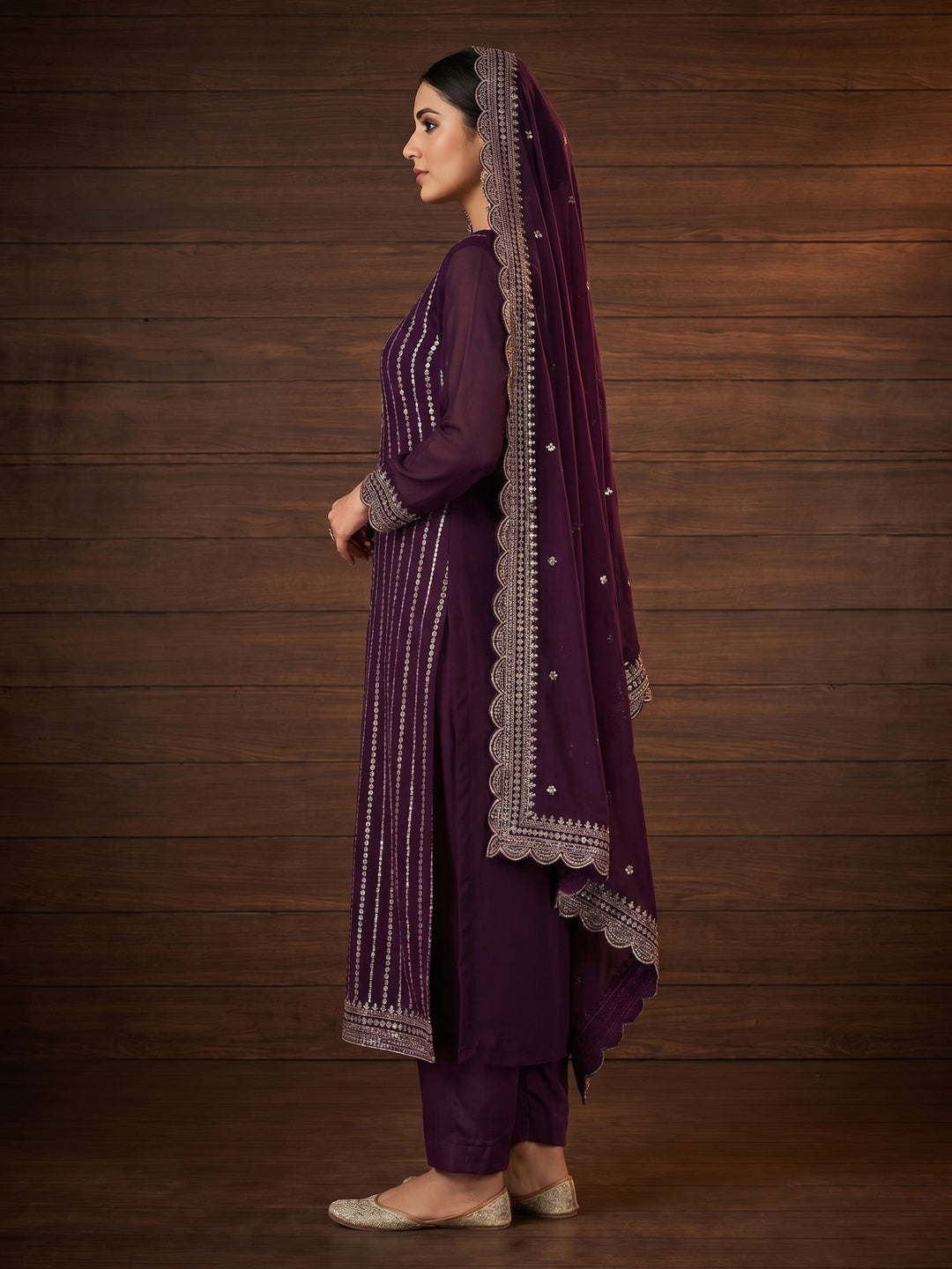 Purple Sequins Embroidered Georgette Dress Material - Image 3