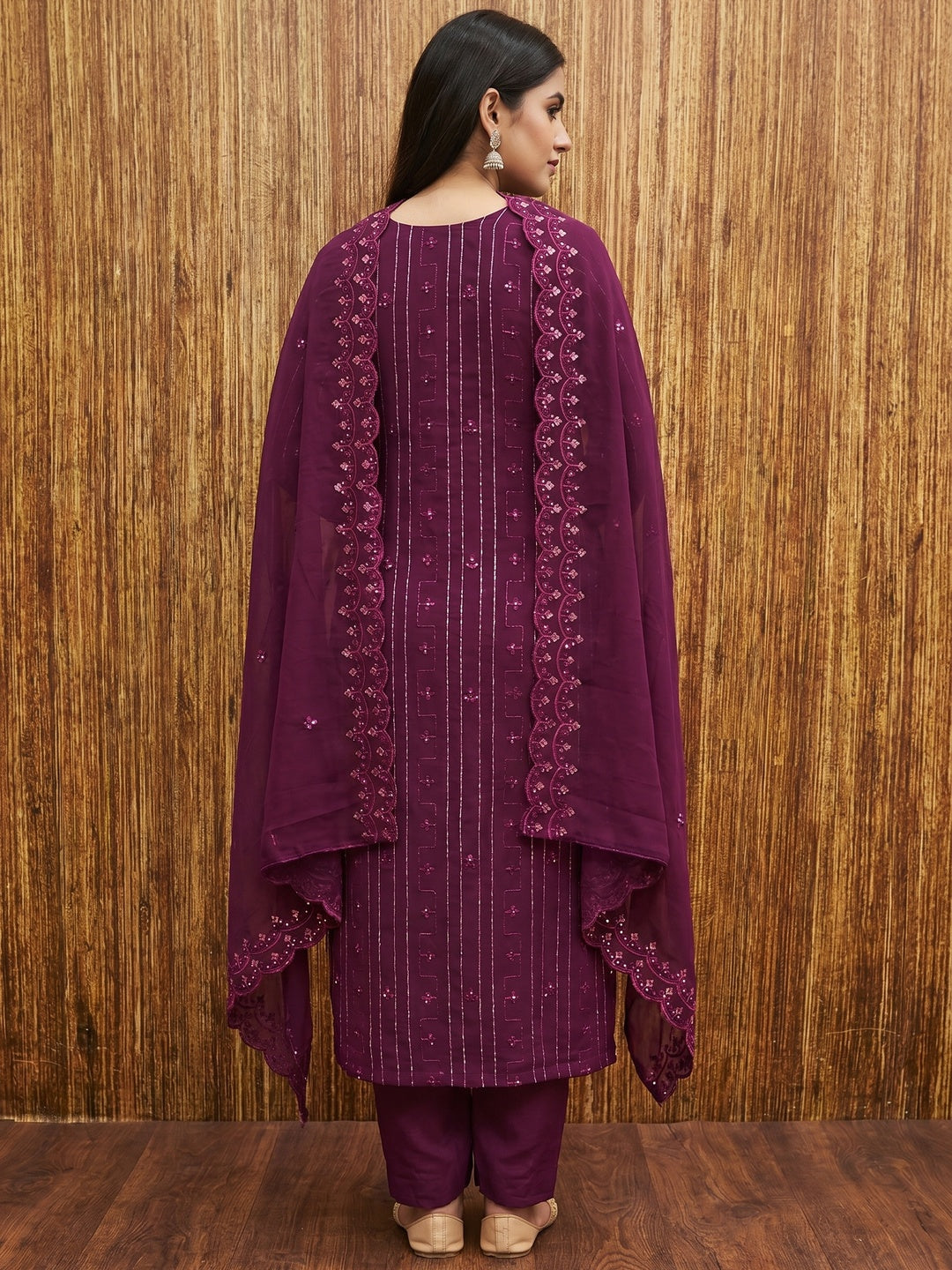 Purple Sequins Embroidered Georgette Dress Material - Image 2