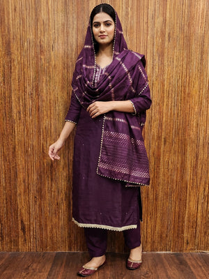 Wine Hand Embroidered Cotton Blend Dress Material - Image 1