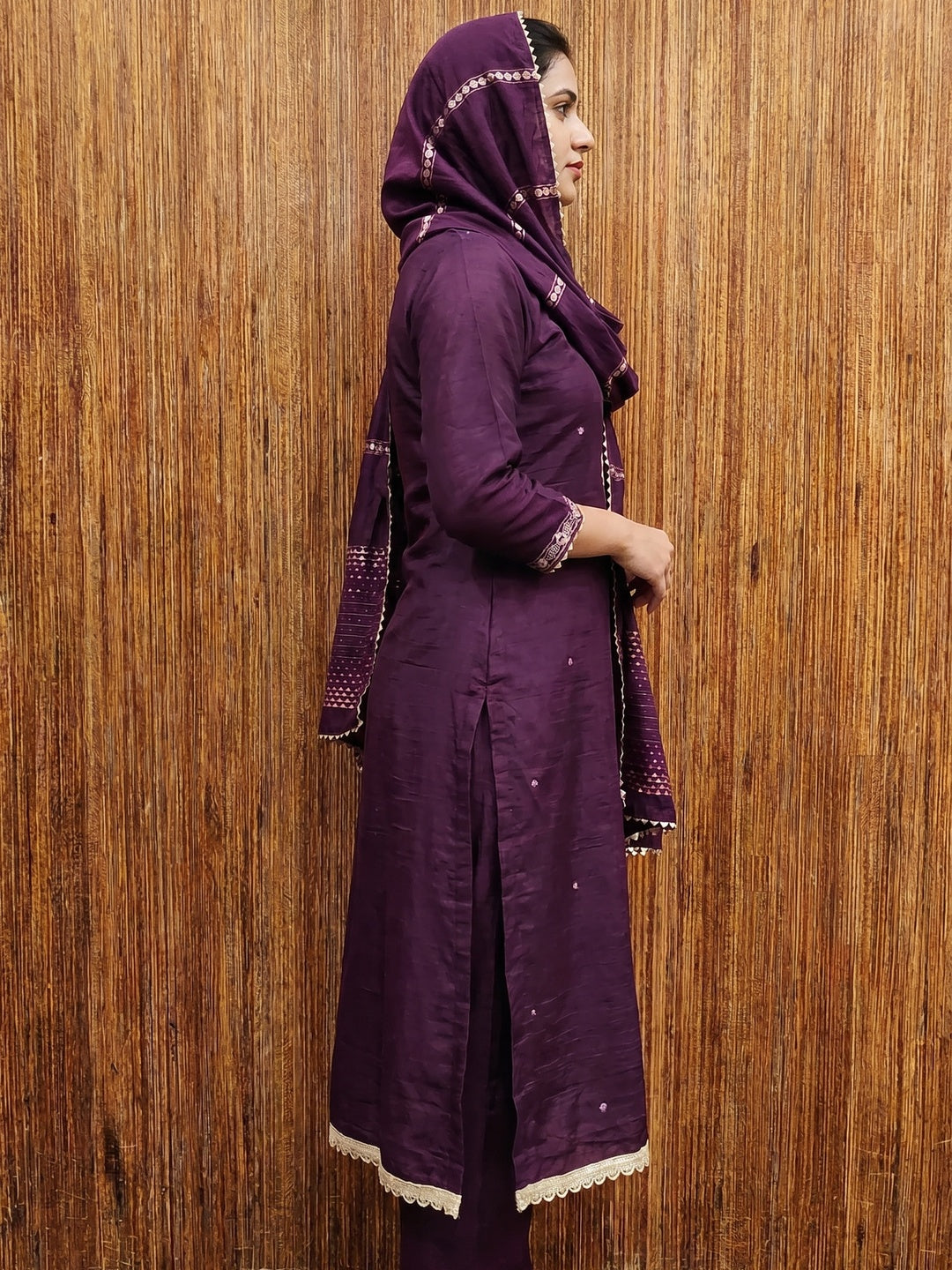 Wine Hand Embroidered Cotton Blend Dress Material - Image 2