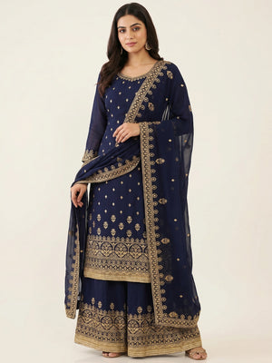 Navy Blue Floral Embroidered Georgette Dress Material - Image 1