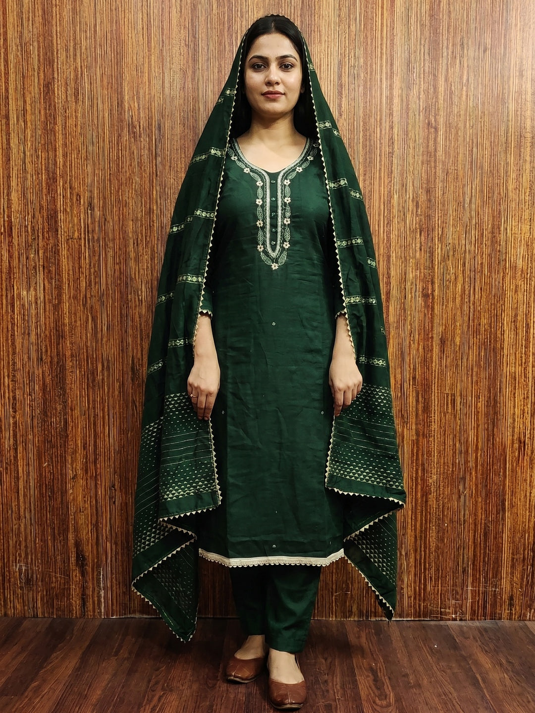 Green Hand Embroidered Cotton Blend Dress Material - Image 1