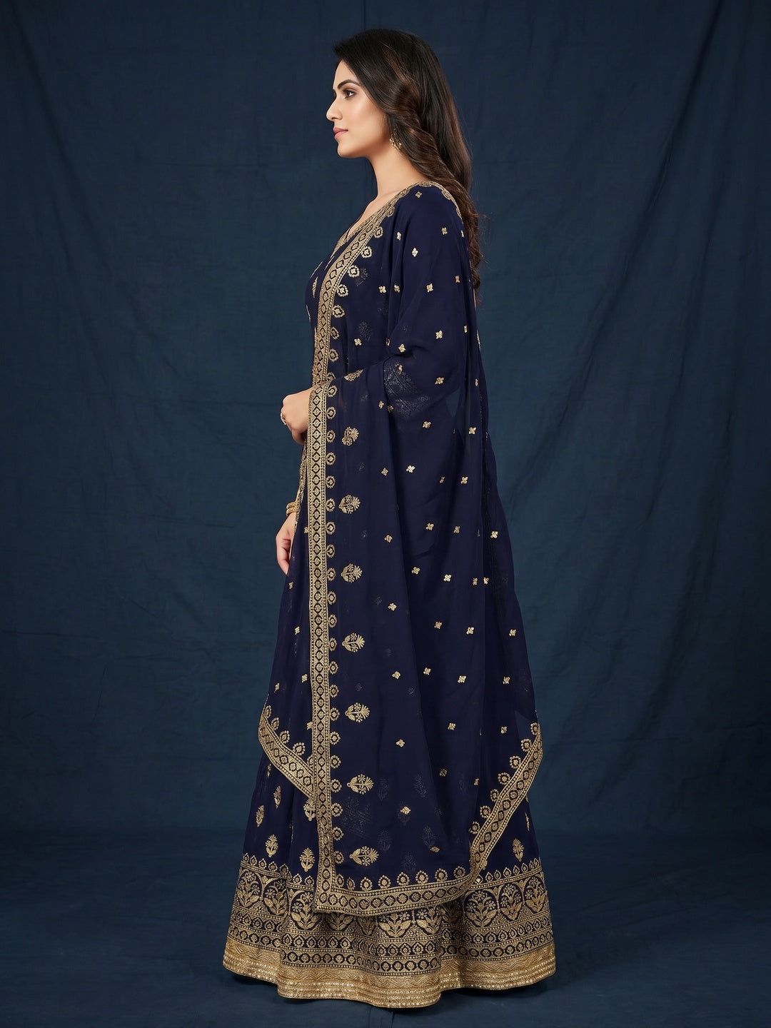 Navy Blue Floral Embroidered Georgette Dress Material - Image 2
