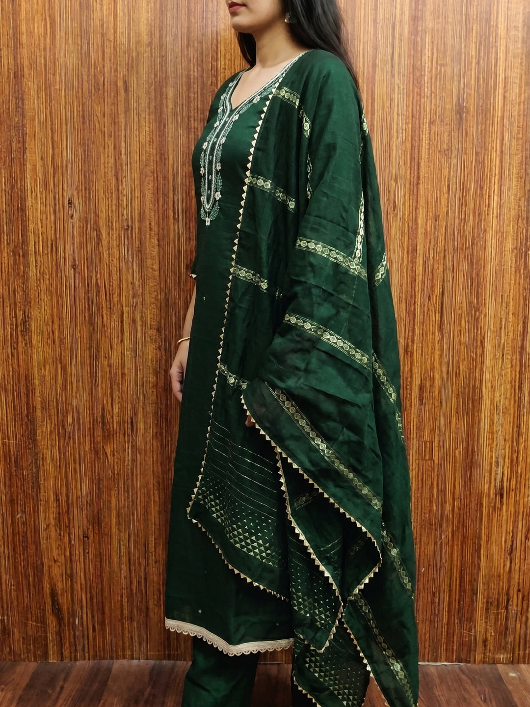 Green Hand Embroidered Cotton Blend Dress Material - Image 2