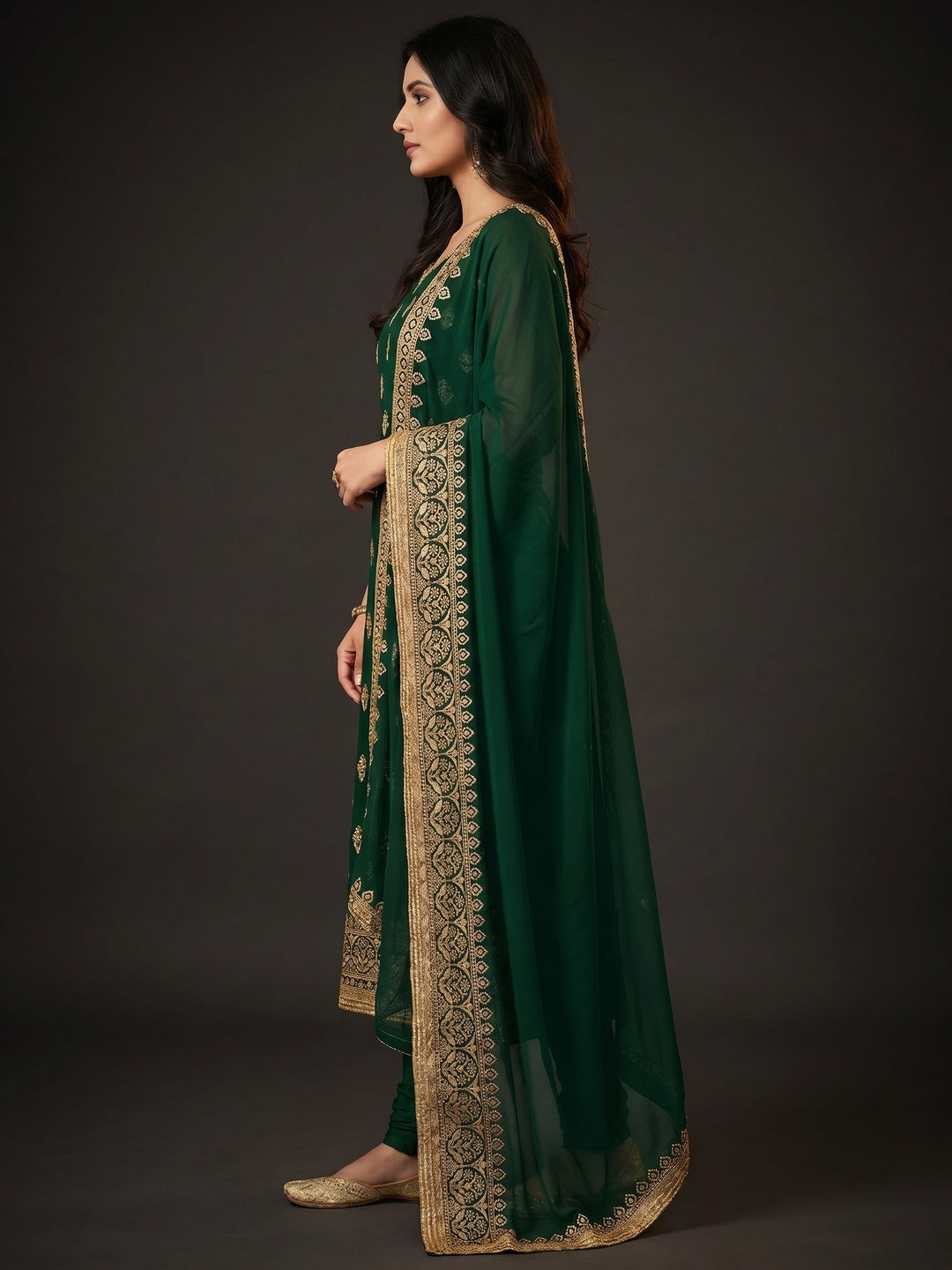 Green Floral Embroidered Georgette Dress Material - Image 2