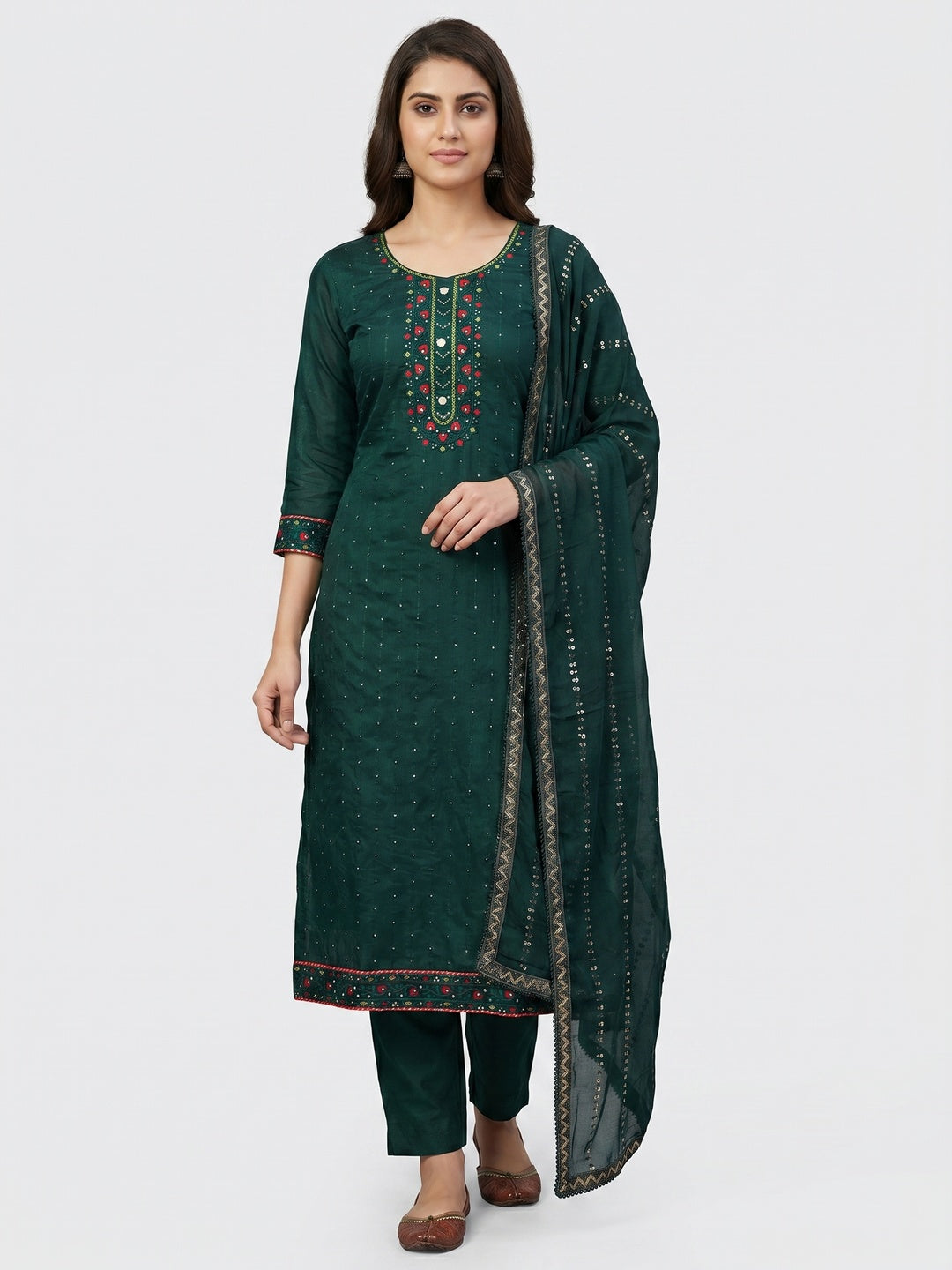 Green Sequins Embroidered Chanderi Dress Material - Image 1