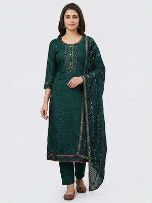 Green Sequins Embroidered Chanderi Dress Material - Image 1