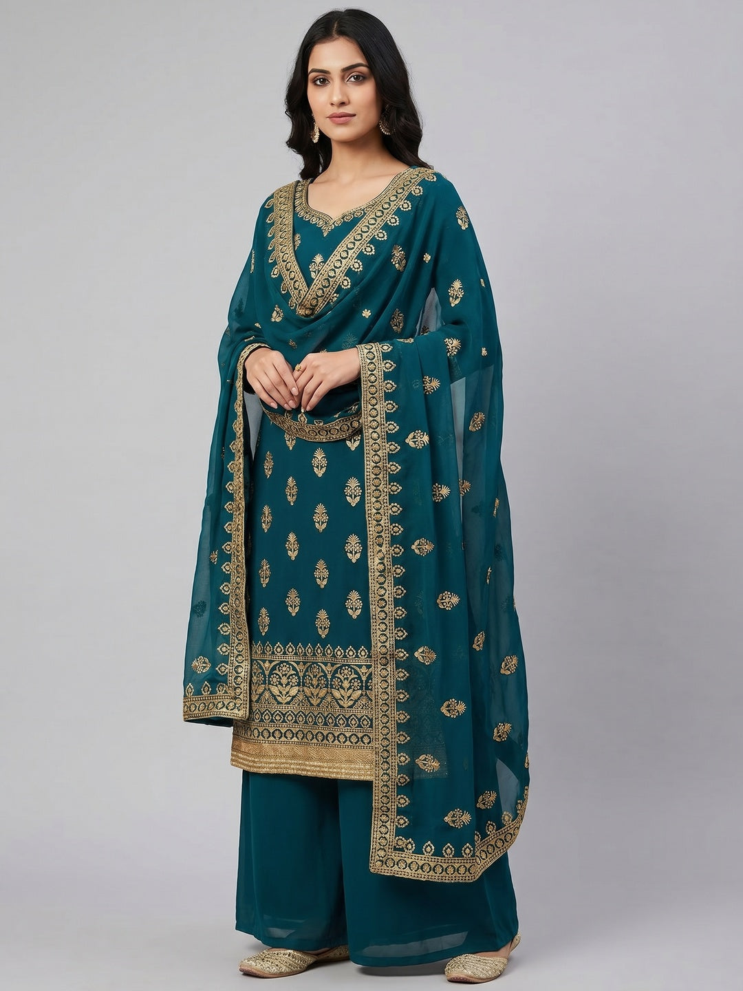 Morpich Floral Embroidered Georgette Dress Material - Image 1