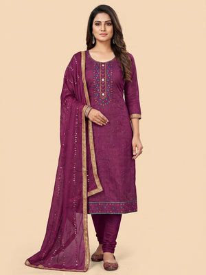 Purple Sequins Embroidered Chanderi Dress Material - Image 1