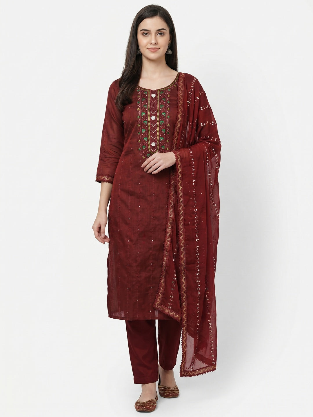 Maroon Sequins Embroidered Chanderi Dress Material - Image 1