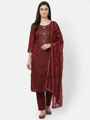 Maroon Sequins Embroidered Chanderi Dress Material - Image 1