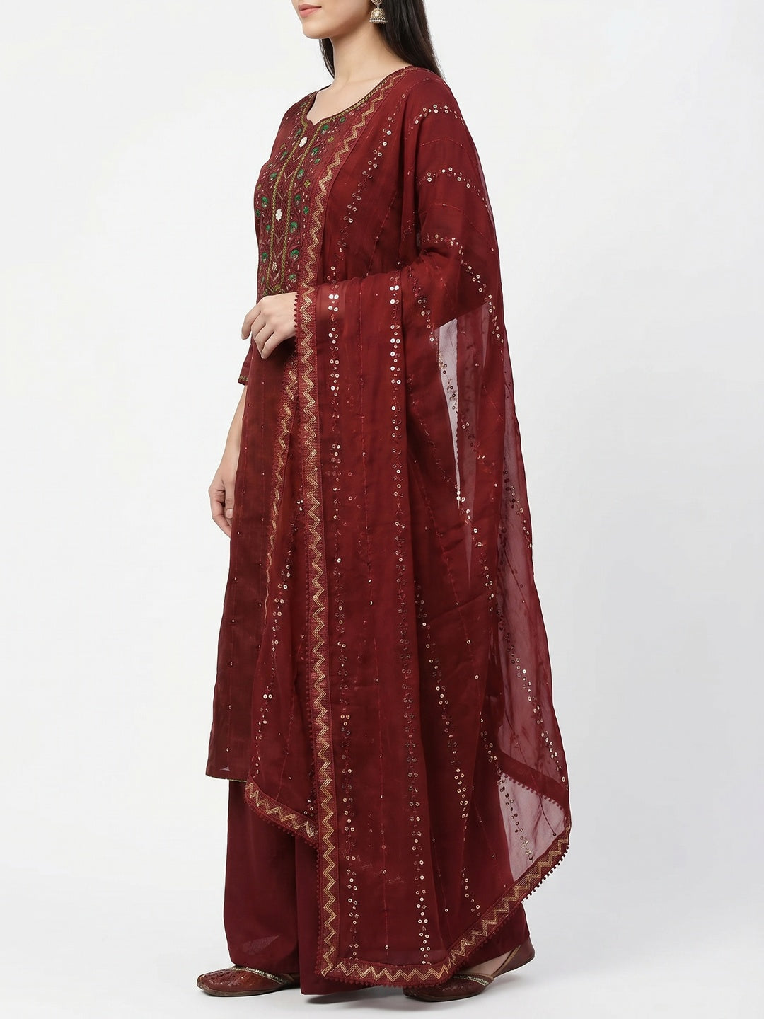 Maroon Sequins Embroidered Chanderi Dress Material - Image 2