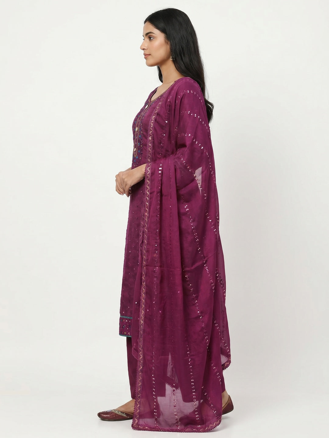 Purple Sequins Embroidered Chanderi Dress Material - Image 3
