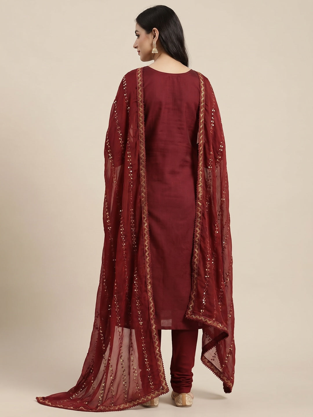 Maroon Sequins Embroidered Chanderi Dress Material - Image 3