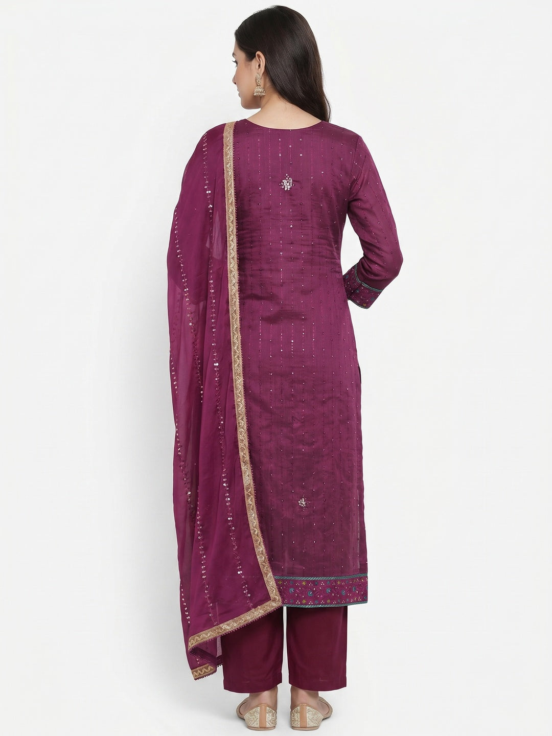 Purple Sequins Embroidered Chanderi Dress Material - Image 2