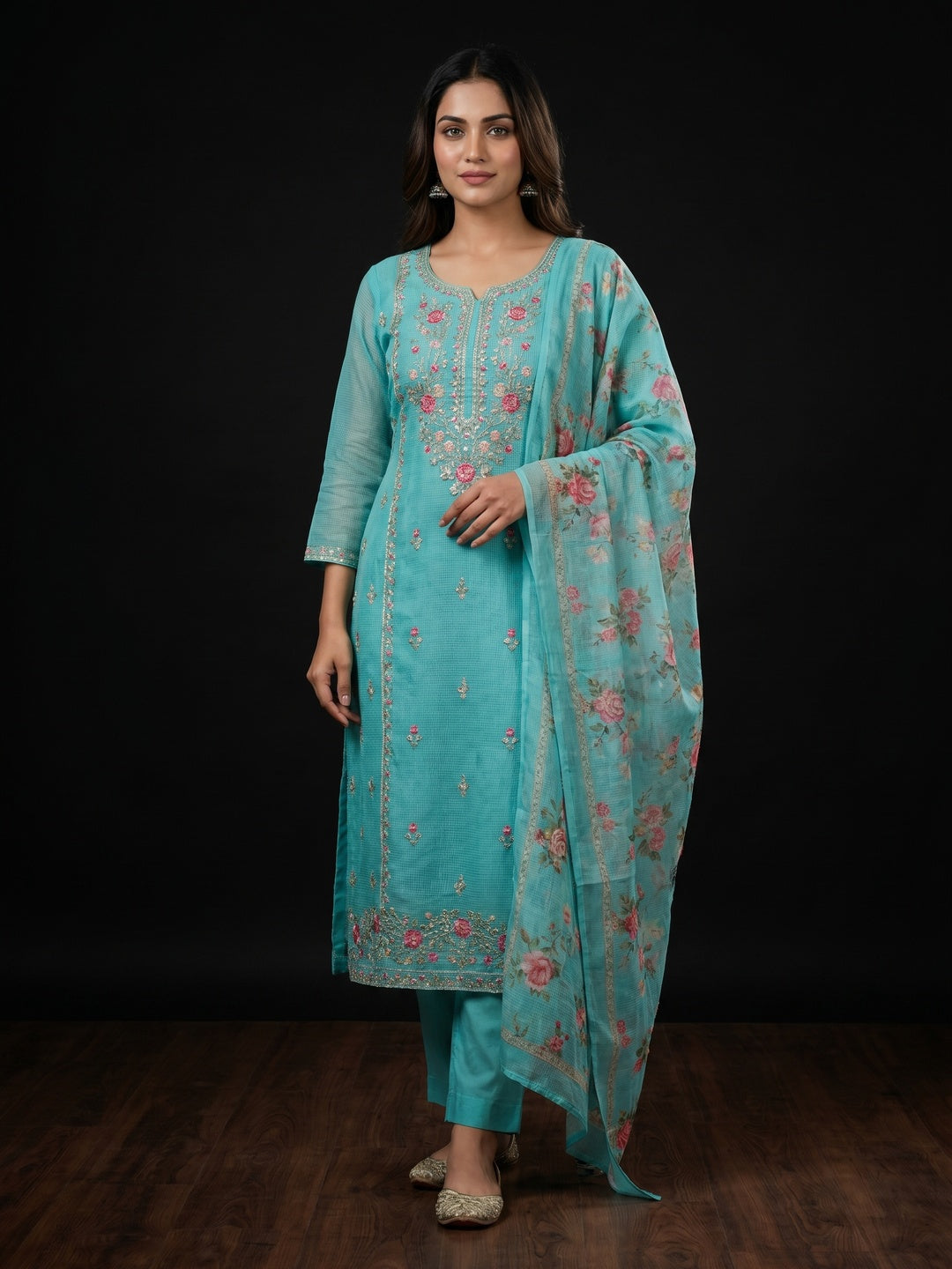 Turquoise Floral Embroidered Kota Doria Dress Material - Image 1