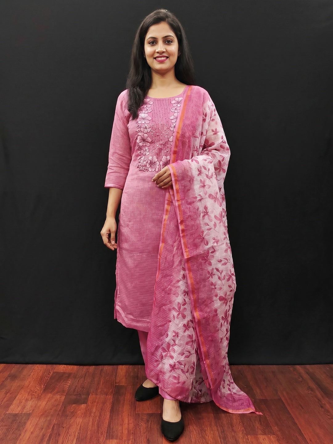 Pink Floral Embroidered Kota Doria Dress Material - Image 1