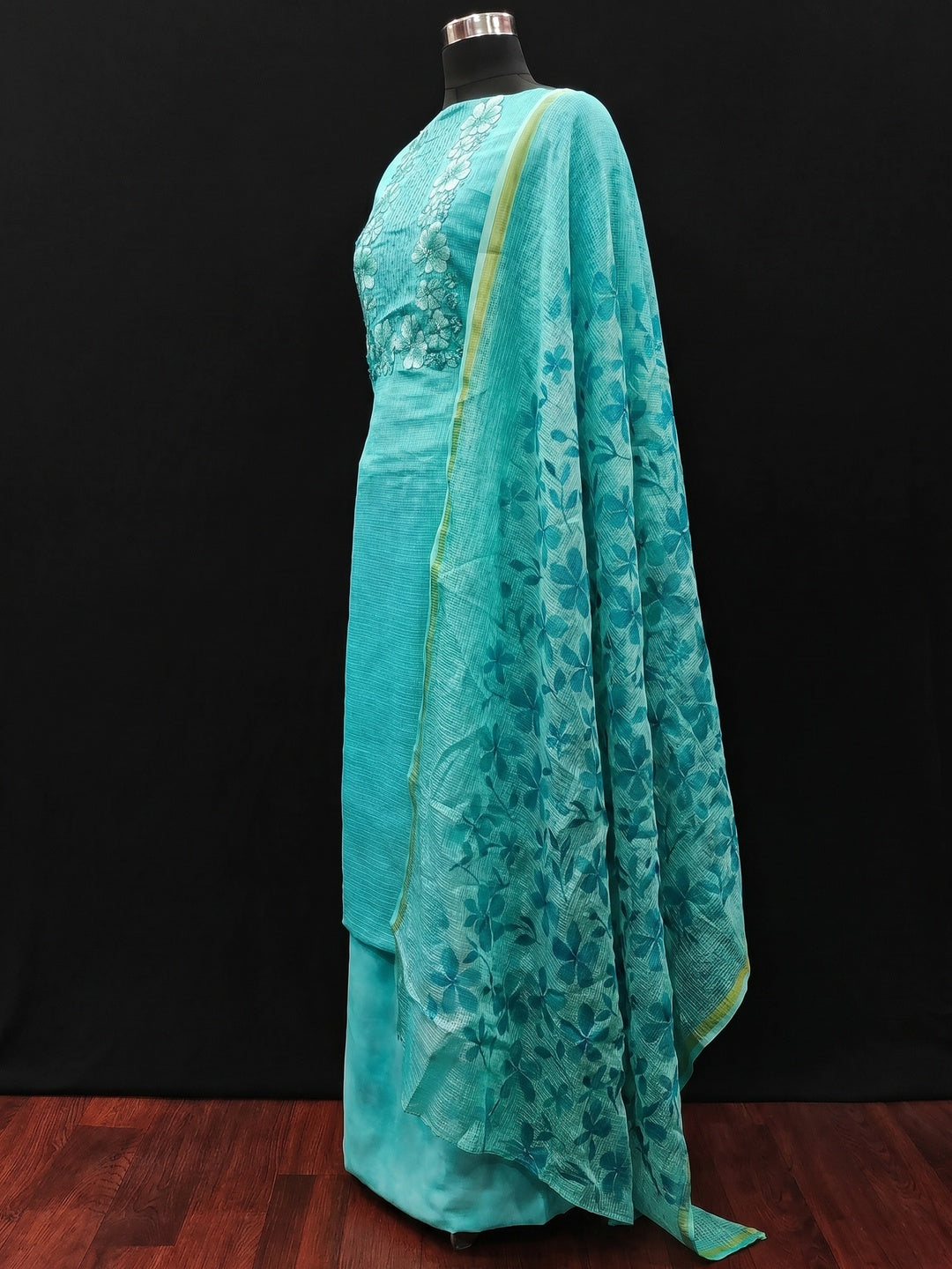 Turquoise Floral Embroidered Kota Doria Dress Material - Image 2