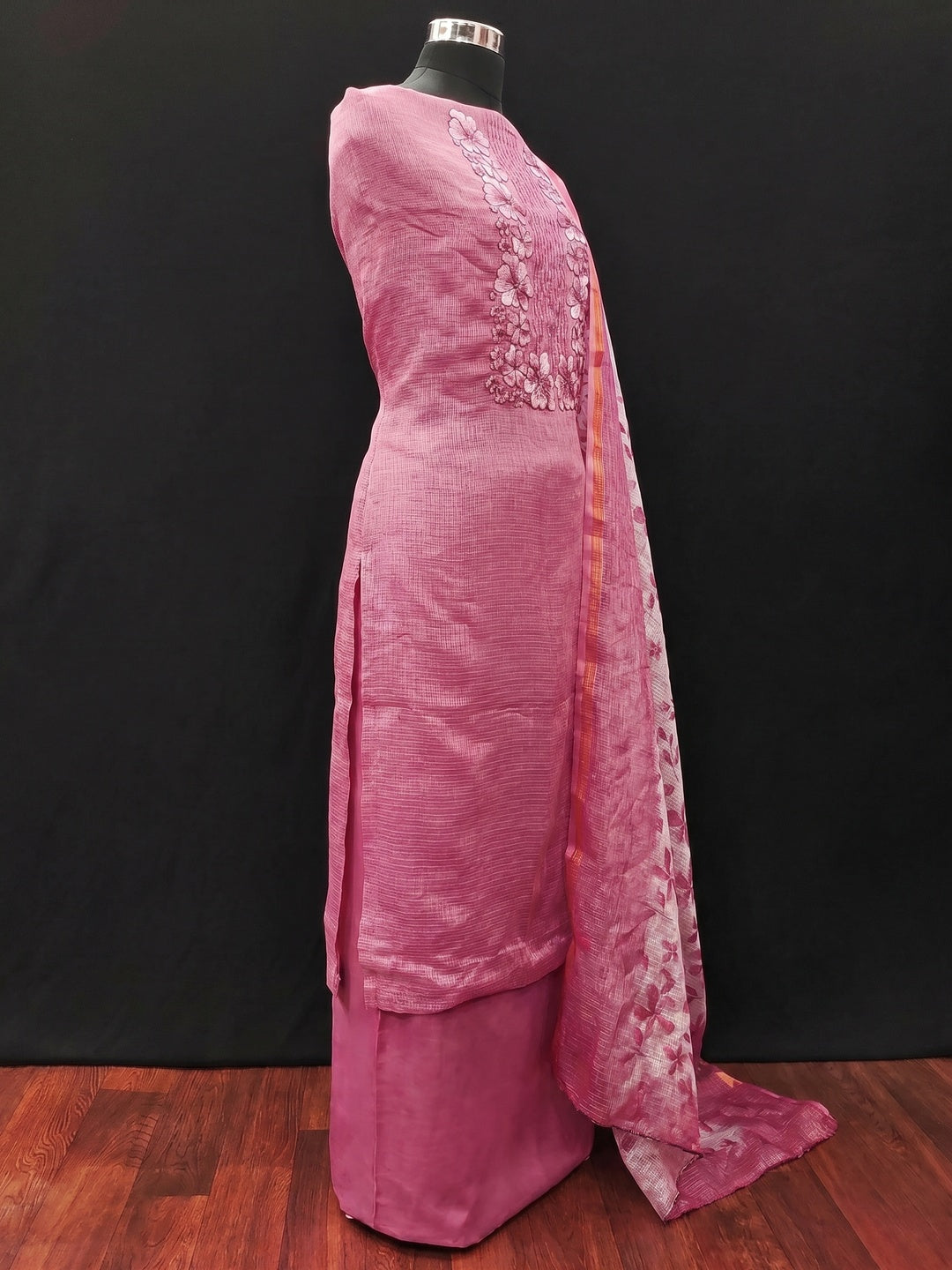 Pink Floral Embroidered Kota Doria Dress Material - Image 2
