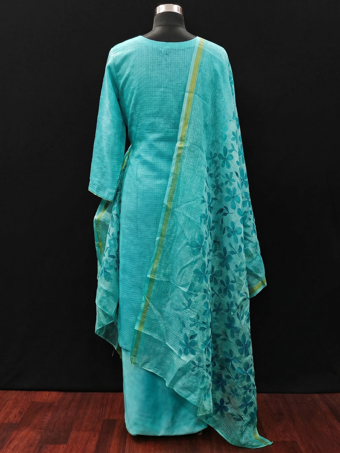 Turquoise Floral Embroidered Kota Doria Dress Material - Image 3