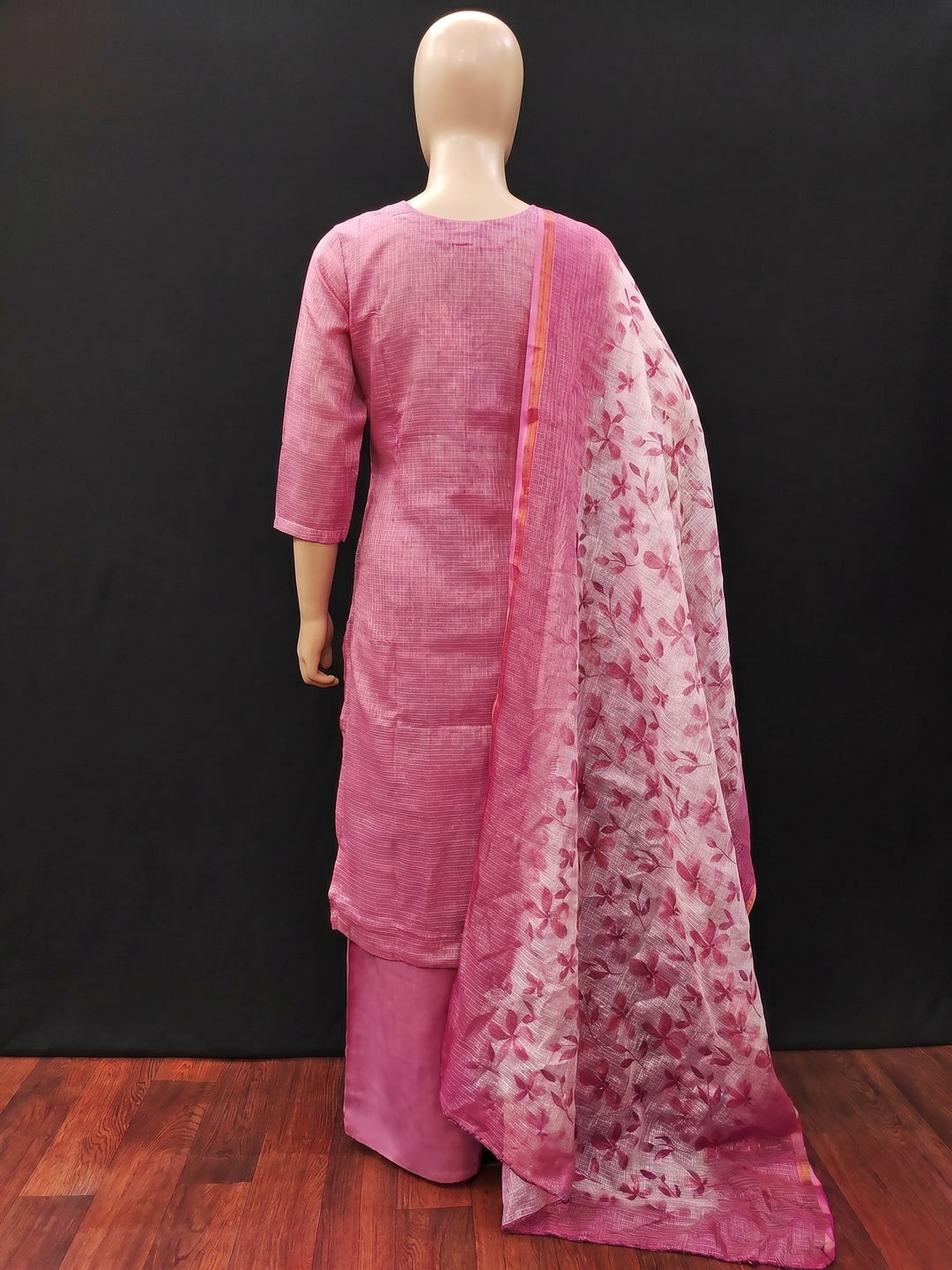 Pink Floral Embroidered Kota Doria Dress Material - Image 3