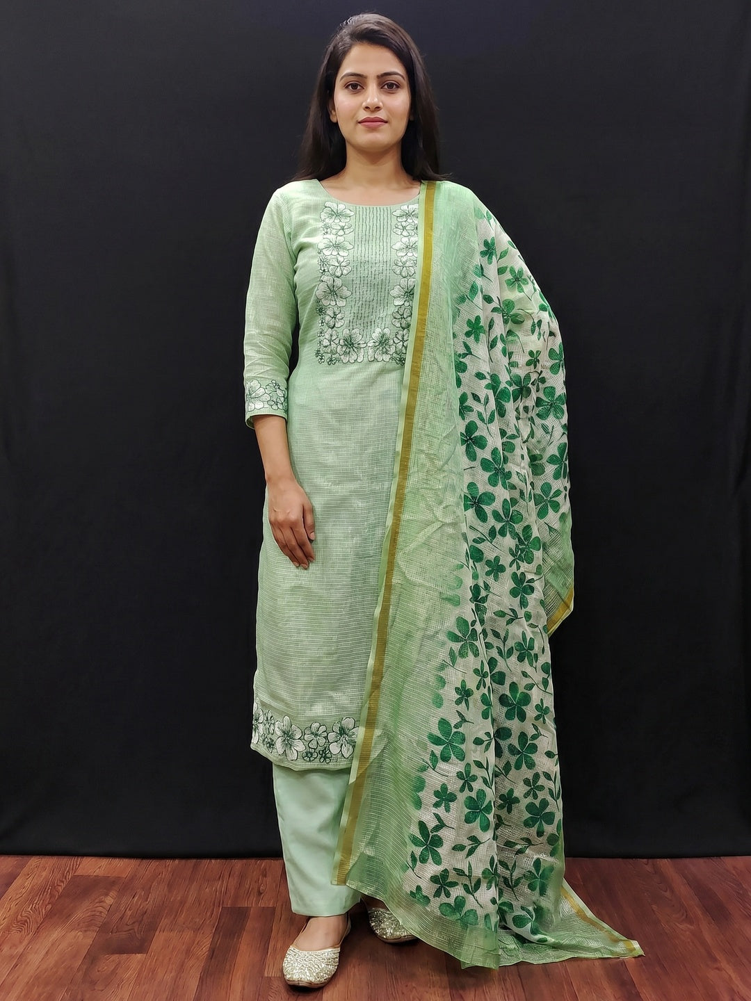 Green Floral Embroidered Kota Doria Dress Material - Image 1