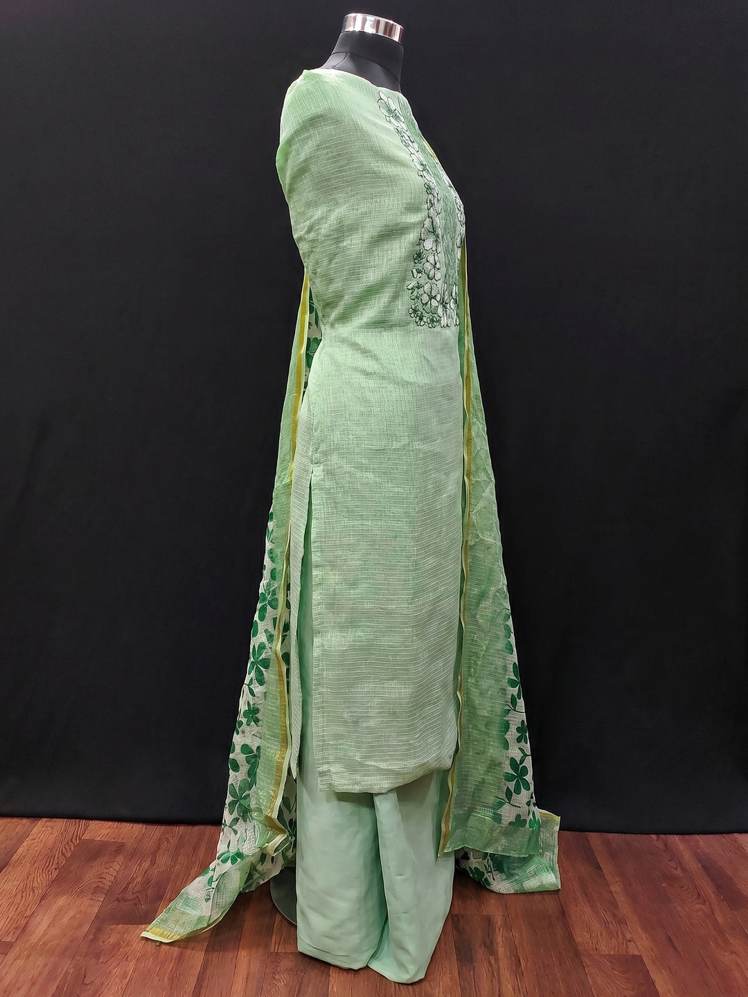 Green Floral Embroidered Kota Doria Dress Material - Image 2