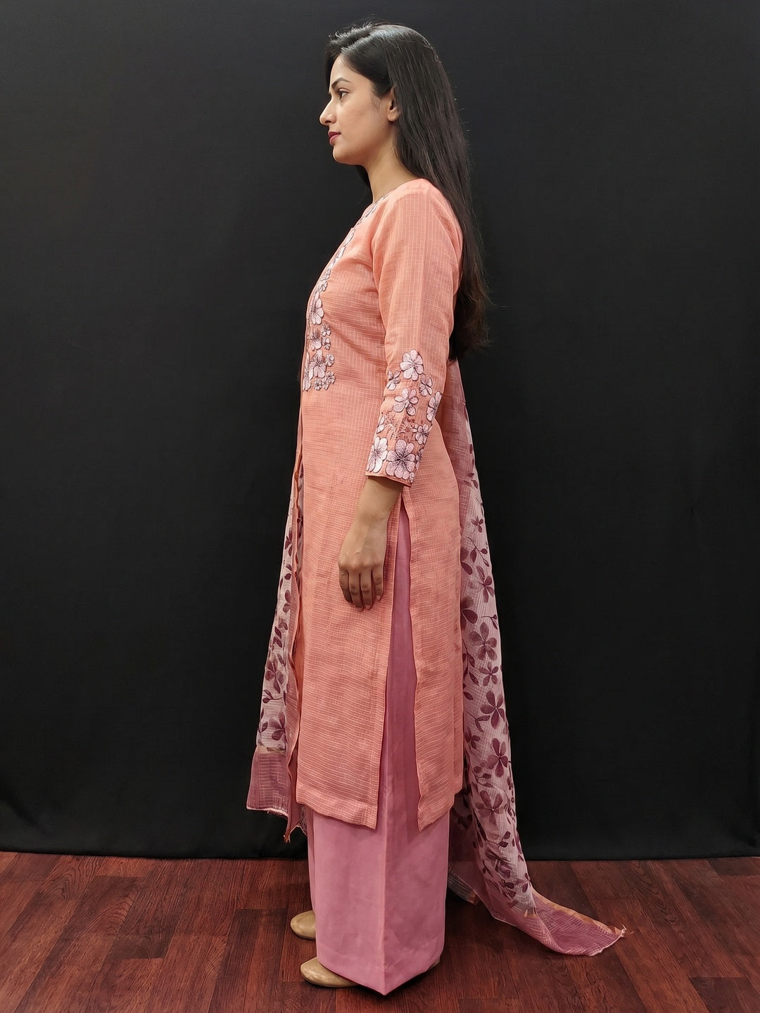Peach Floral Embroidered Kota Doria Dress Material - Image 3