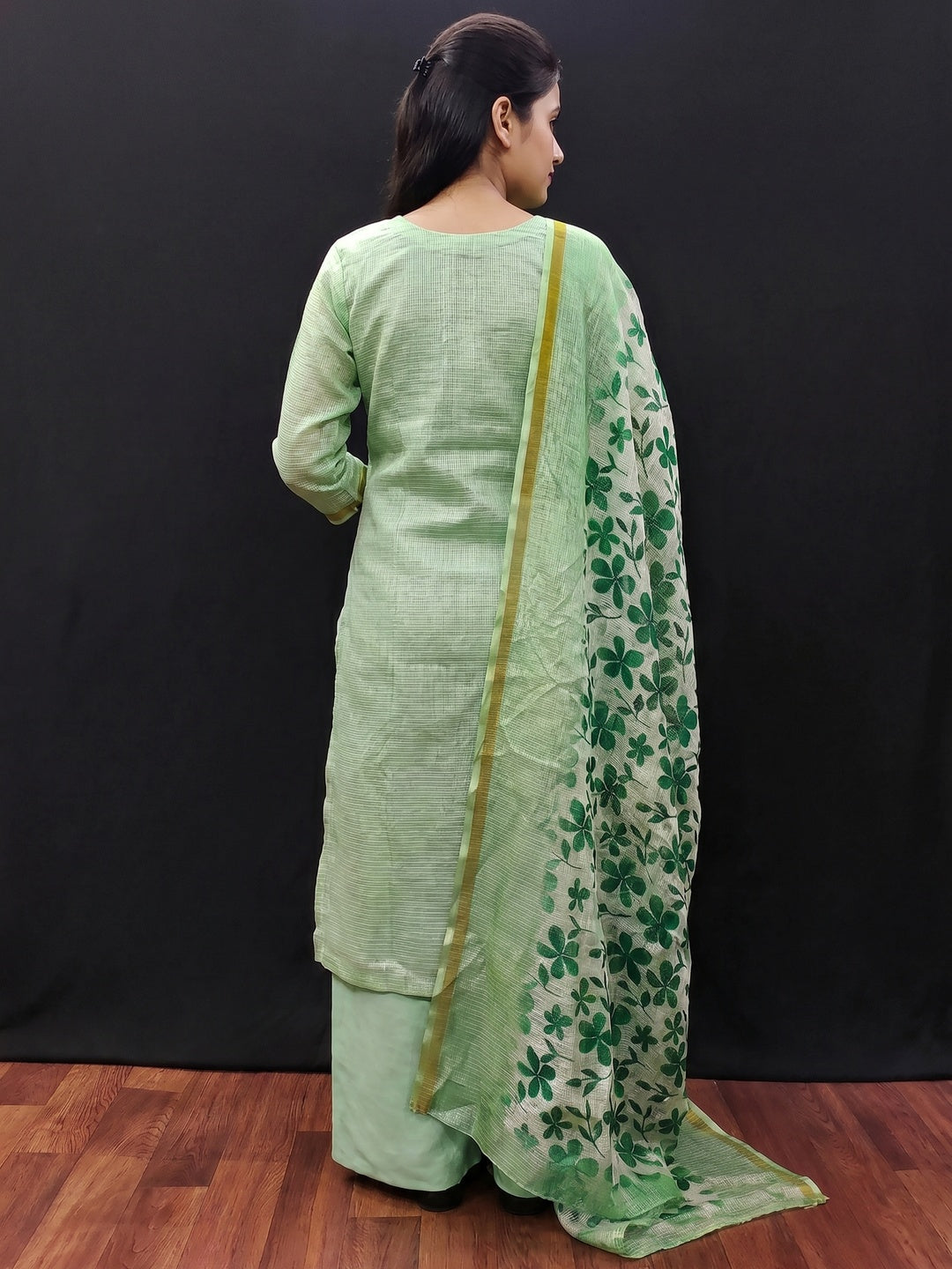 Green Floral Embroidered Kota Doria Dress Material - Image 3