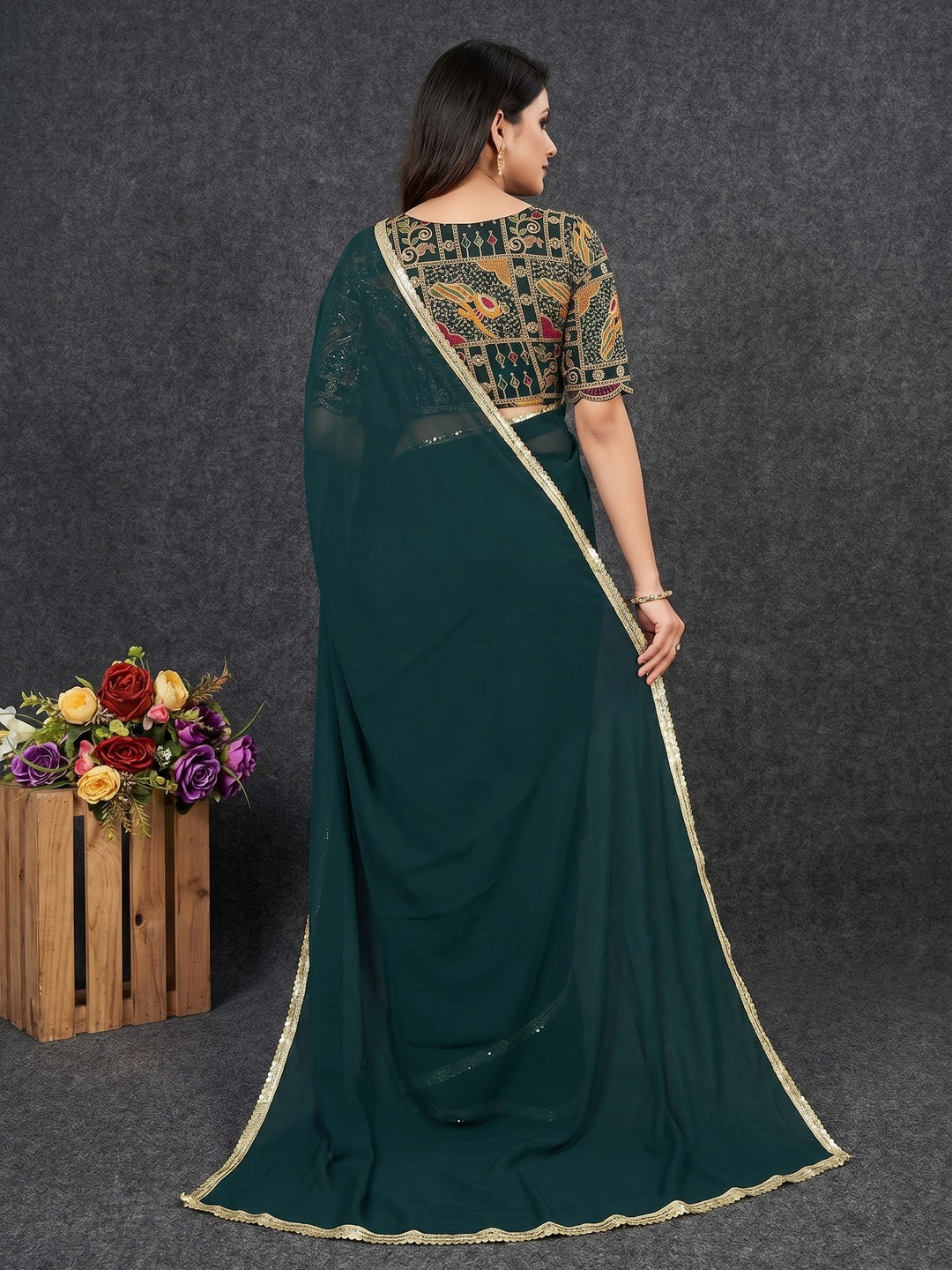 Pine Green Solid Georgette Saree With Sequins Embroidered Border - Image 2