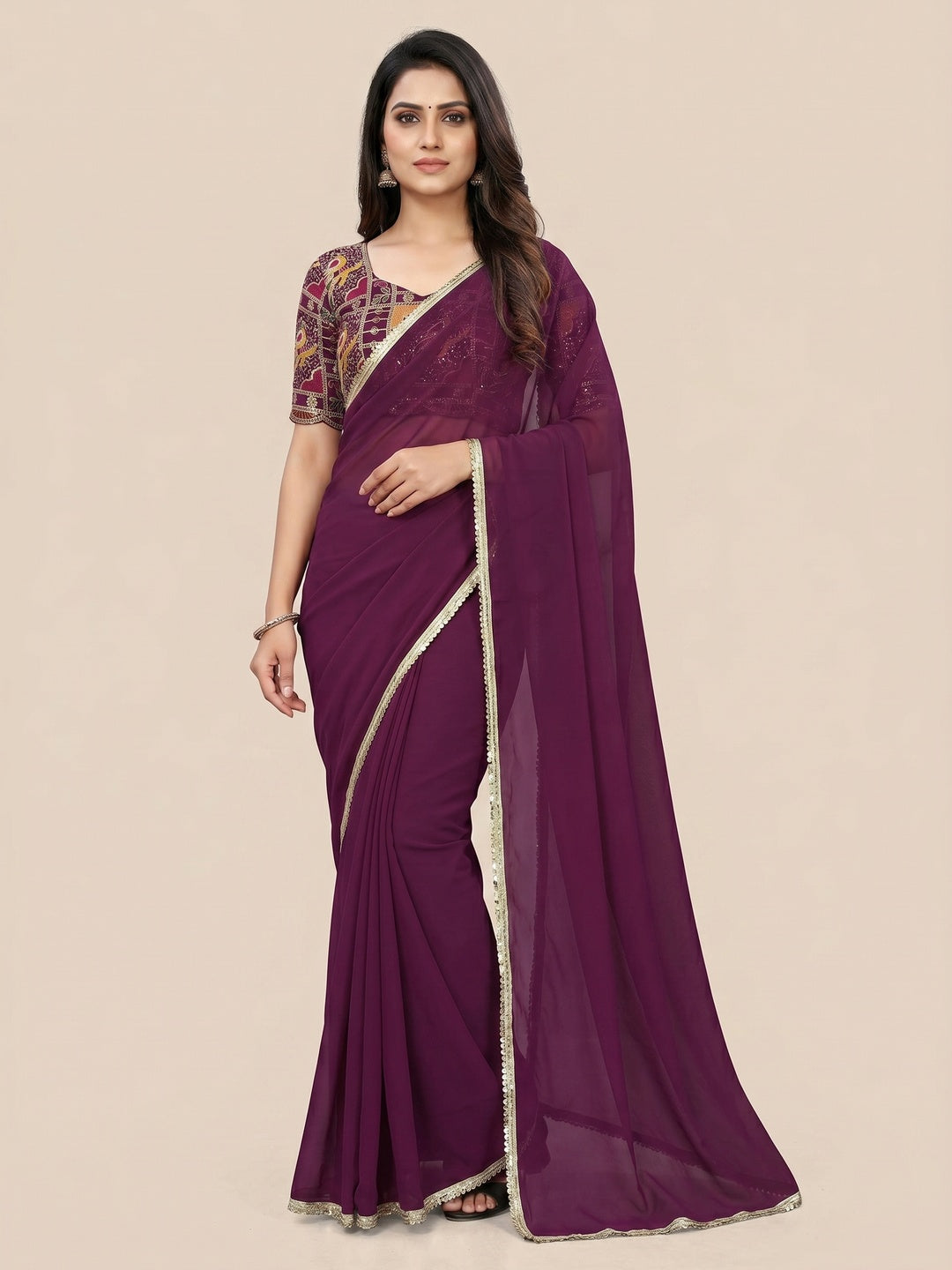Wine Solid Georgette Saree With Sequins Embroidered Border - Image 1