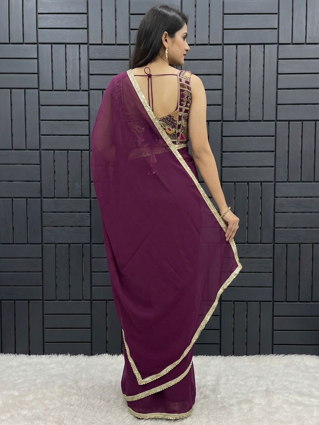 Wine Solid Georgette Saree With Sequins Embroidered Border - Image 2
