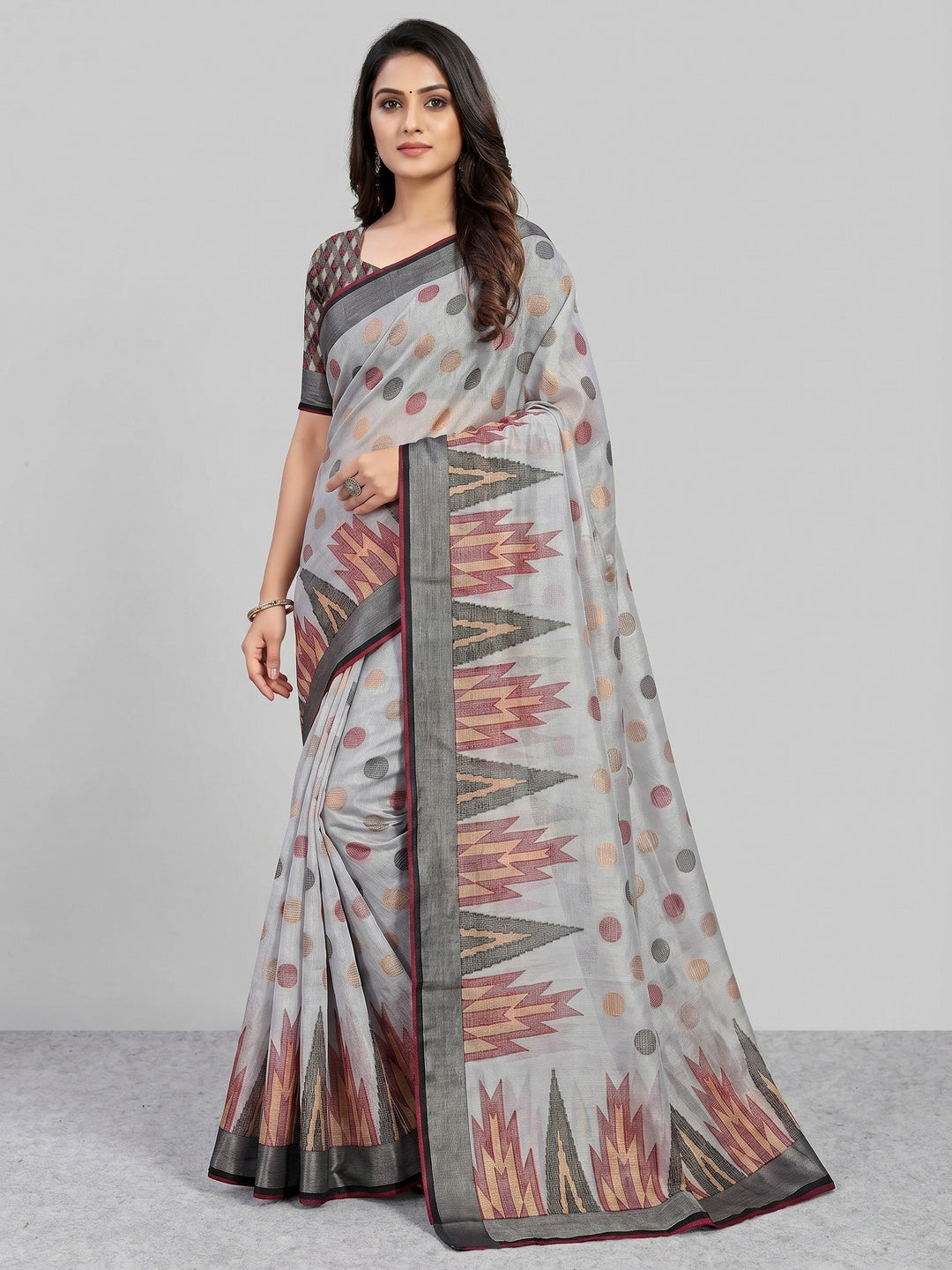 Grey Woven Art Silk Saree With Tassels - Image 1