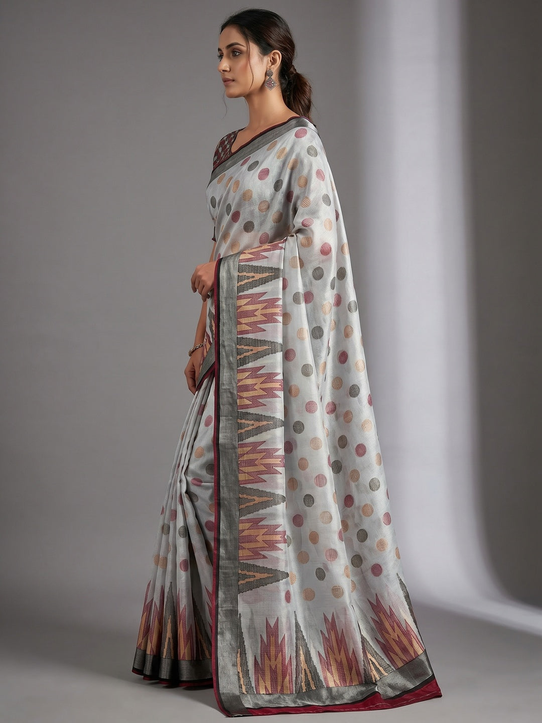 Grey Woven Art Silk Saree With Tassels - Image 3