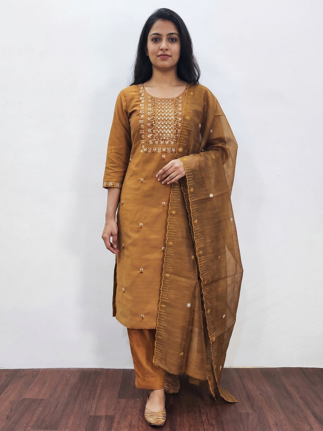 Yellow Ocre Floral Embroidered Cotton Blend Dress Material - Image 1