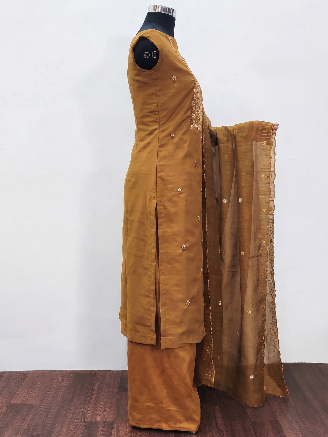 Yellow Ocre Floral Embroidered Cotton Blend Dress Material - Image 3
