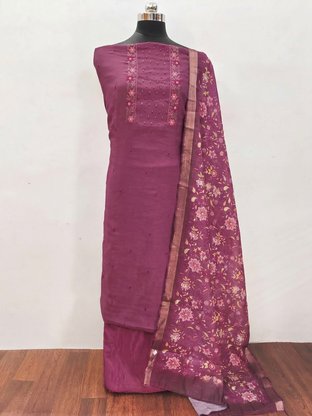 Wine Embroidered Vichitra Silk Dress Material - Image 1