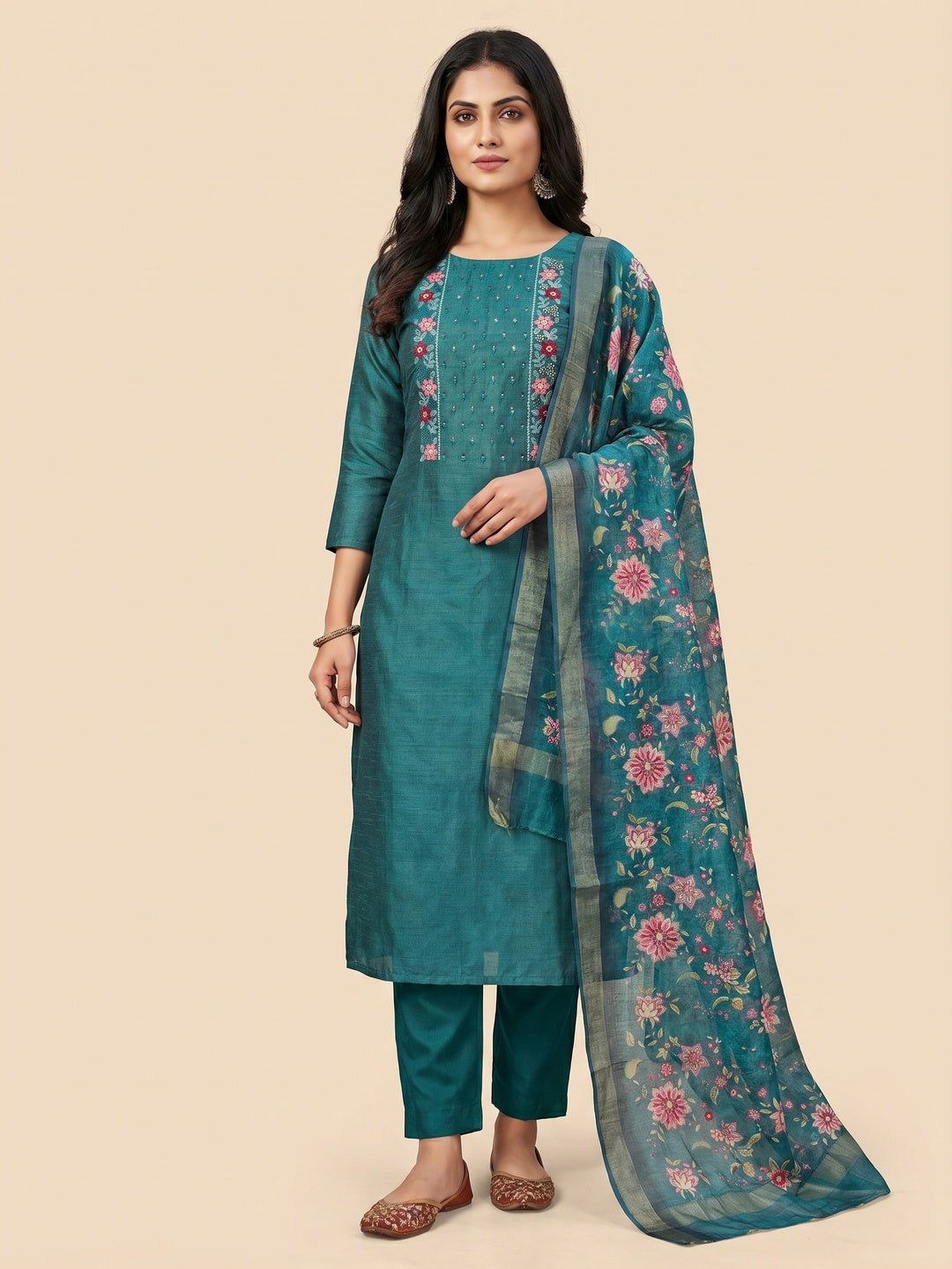 Teal Embroidered Vichitra Silk Dress Material - Image 1