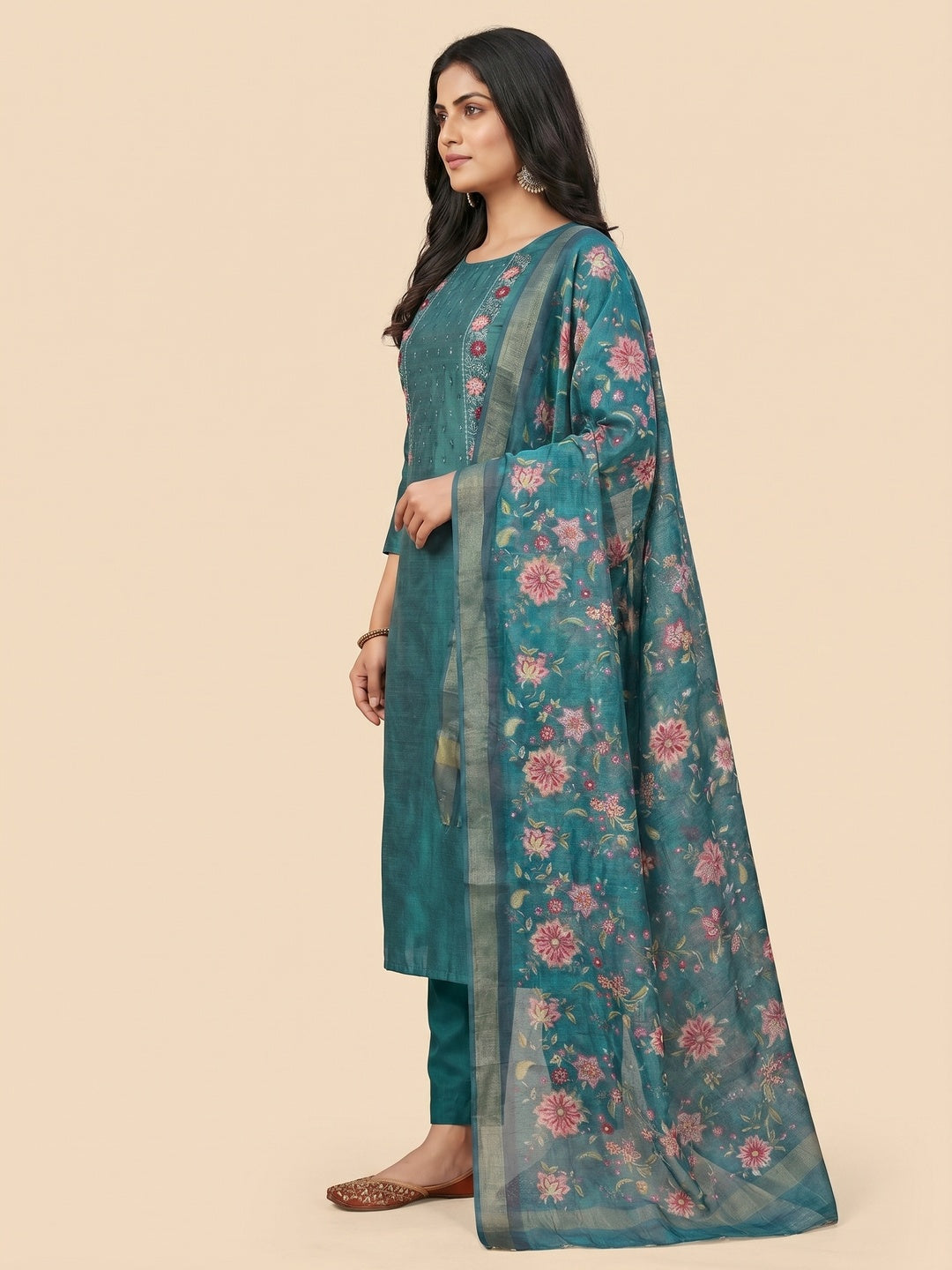 Teal Embroidered Vichitra Silk Dress Material - Image 2
