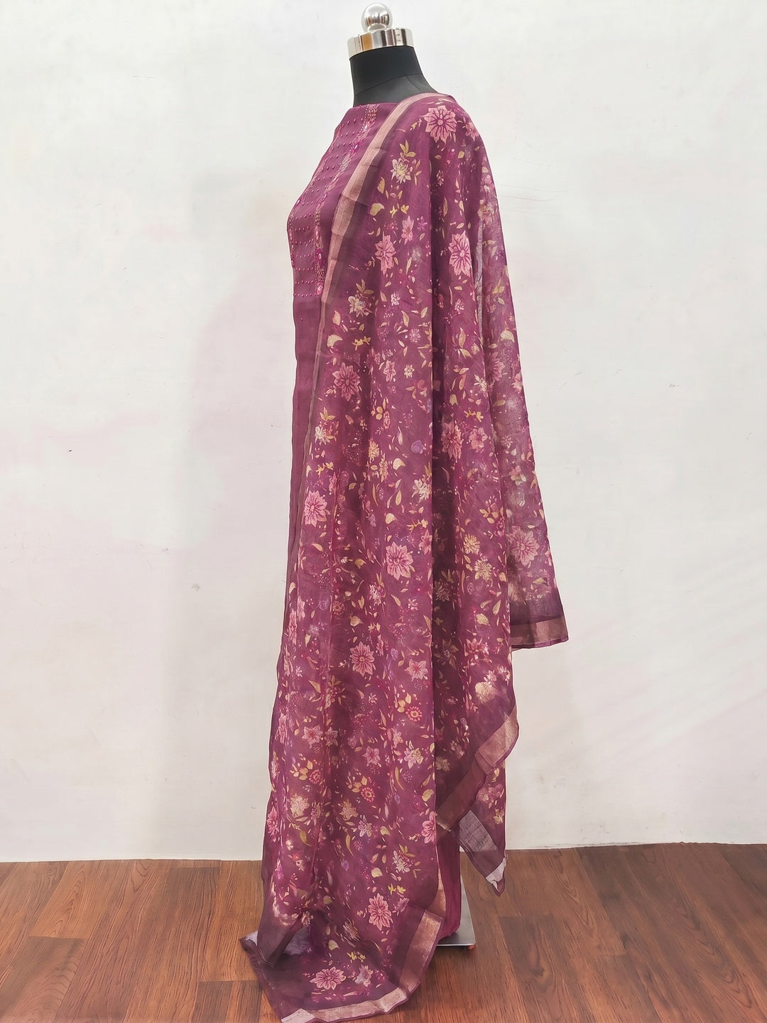 Wine Embroidered Vichitra Silk Dress Material - Image 2