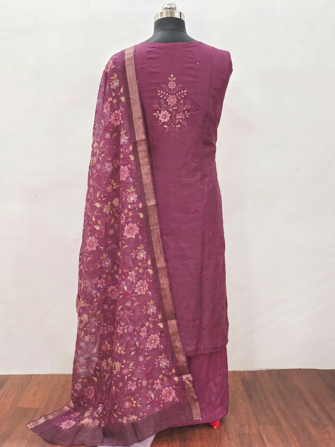 Wine Embroidered Vichitra Silk Dress Material - Image 3