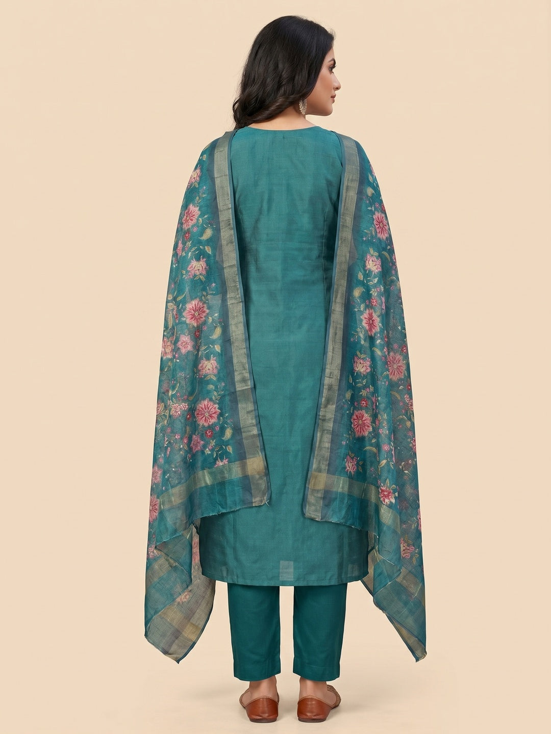 Teal Embroidered Vichitra Silk Dress Material - Image 3