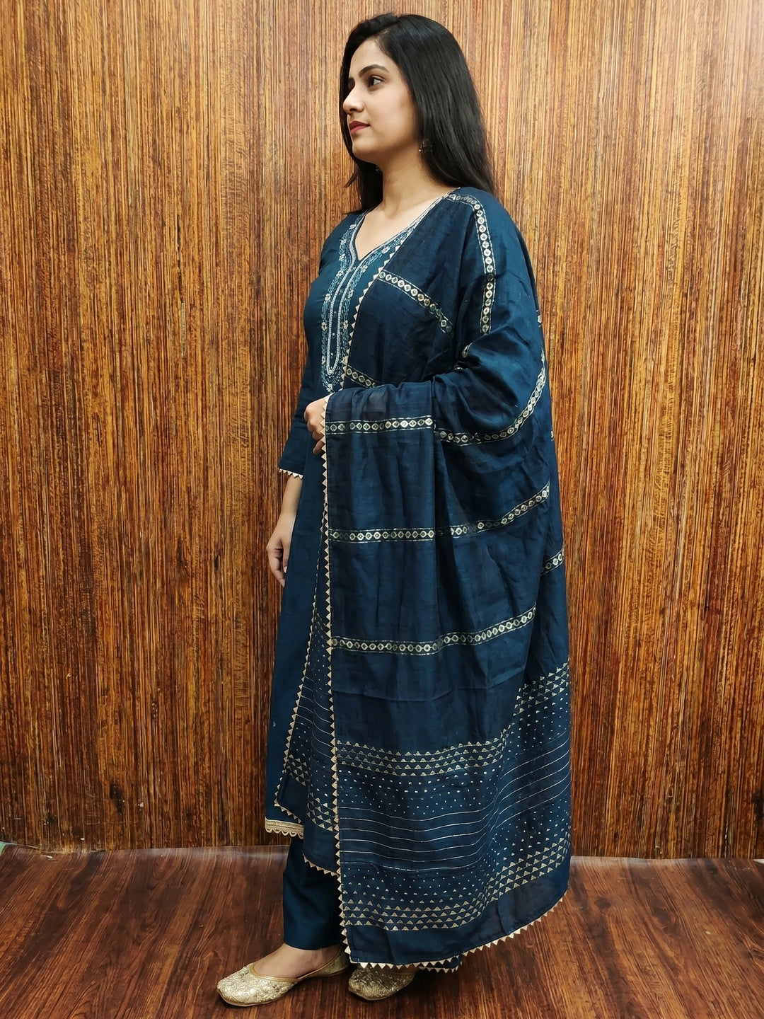 Blue Hand Embroidered Cotton Blend Dress Material - Image 3
