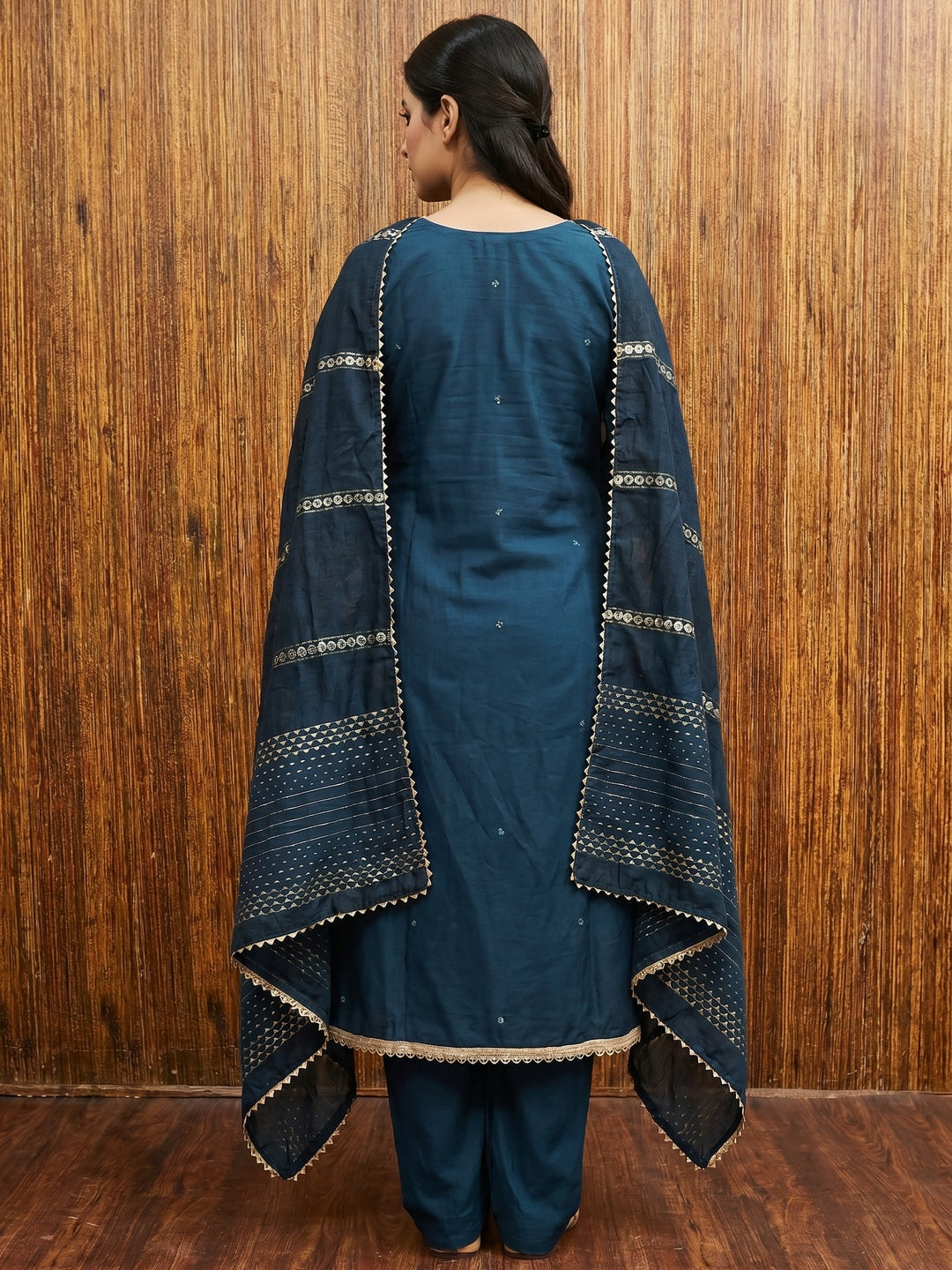 Blue Hand Embroidered Cotton Blend Dress Material - Image 2