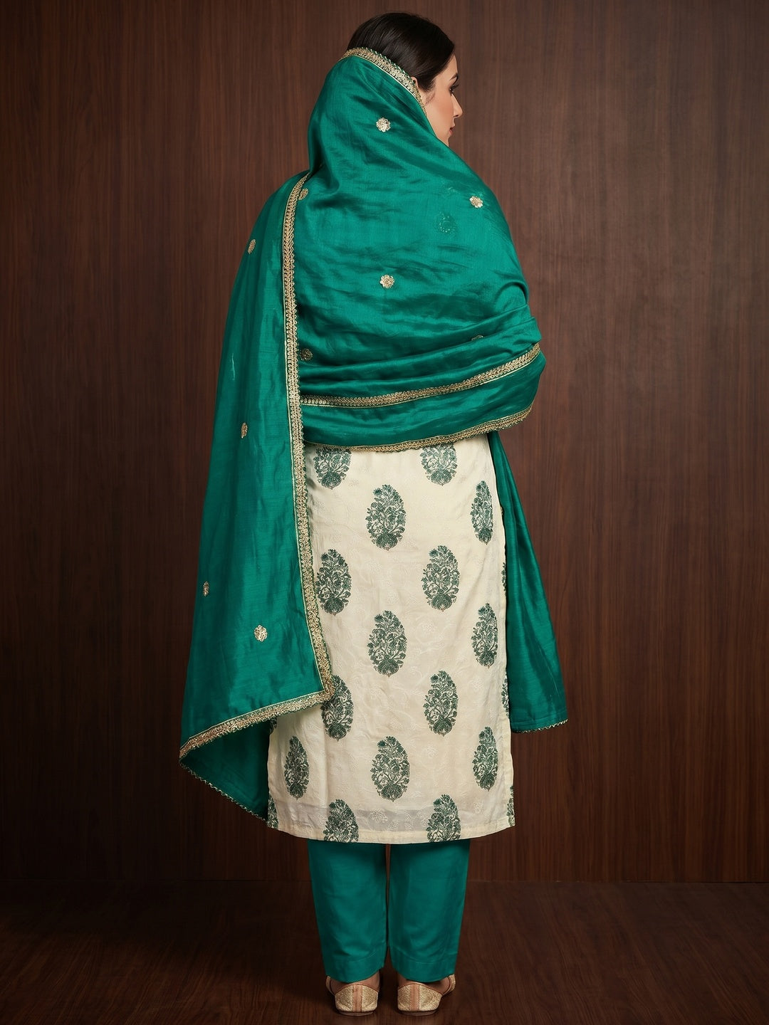 Cream & Rama Green Floral Printed Pure Cotton Dress Material - Image 2